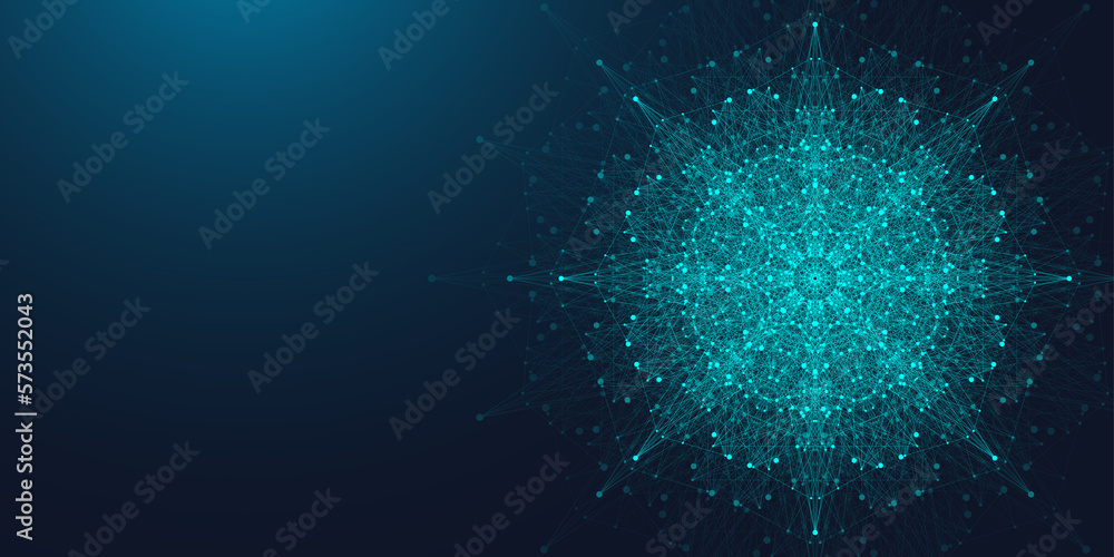 Aufkleber Blockchain transfer satellite future communications illustration. Abstract technology cloud world. Global network fintech background. Digital blockchain communications