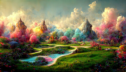 A fantasy world in alien landscape, surreal, ultra detailed, stunning, colorful, digital art, creative. Generative Ai