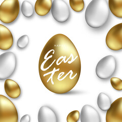 Vector banner with realistic gold and silver Easter eggs on transparent background. Easter card for your design with the text "Happy Easter". Stock PNG image