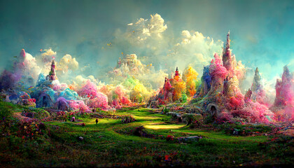 Excellent 3d rendering of a colorful fantasy landscape, Detailed, colored. Generative Ai