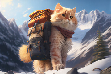 cute cat as a backpacker travel to a snow mountain created by generative ai