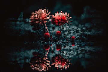 Fototapeta na wymiar Red flowers reflected in water Illustration AI Generative