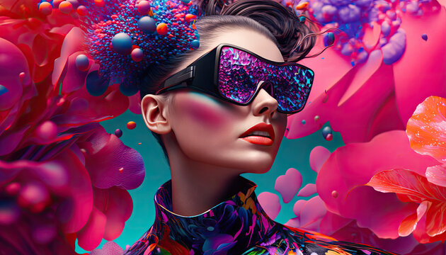 Colorful fashion virtual reality. Woman with VR goggles in futuristic fashion style exploring the metaverse. Generative AI