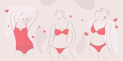 Set. Silhouettes of girls in lacy sexy women's underwear. Concept Vector illustration