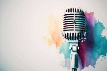 Retro style microphone on a stage with watercolor background. generative ai. Microphone - obrazy, fototapety, plakaty