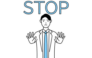 ストップの合図、体の前に手を突き出す白衣を着た男性医師