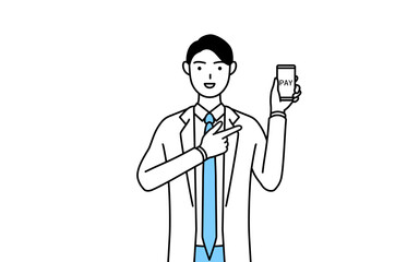 スマホのキャッシュレス・オンライン決済を勧める白衣を着た男性医師