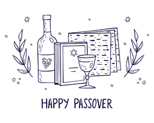 Passover greeting card, poster. Jewish holiday. Passover template for your design with matzah, wine bottle, glass, torah. Happy Passover inscription. Vector