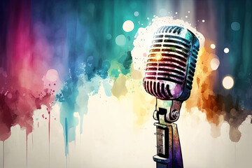 Retro style microphone on a stage with watercolor background. generative ai. Microphone