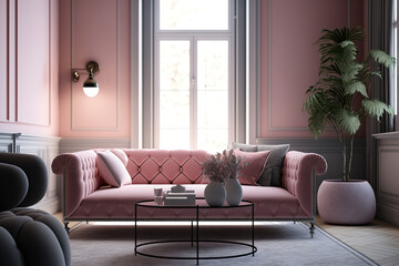 luxury pink pastel living room interior with sofa , ai generated