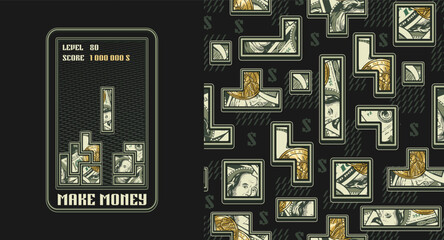 Set with money label, pattern with block computer game in retro style. Text. Concept of making money. Creative illustration in vintage style for prints, clothing, surface design.