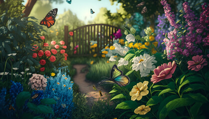 Fototapeta na wymiar A Vibrant Summer Garden Filled With Colorful Flowers - Generative AI