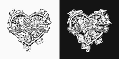 Black and white composition with bundle of cash money in heart shaped frame, blooming rose with leaves in centre. Concept love of money. Vintage style.