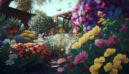 A Vibrant Summer Garden Filled With Colorful Flowers - Generative AI