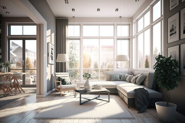 Fototapeta na wymiar Bright living room interior with large panoramic window