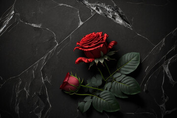Red rose on black marble background, Generated AI