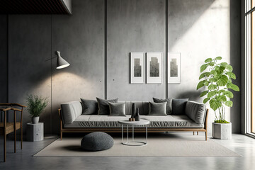 Concrete wall living room with sofa and decoration.,Octane Render ,hyperrealism, photorealism, photorealistic