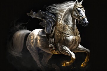 White war horse galloping. Ancient riding soldier animal beautiful background AI