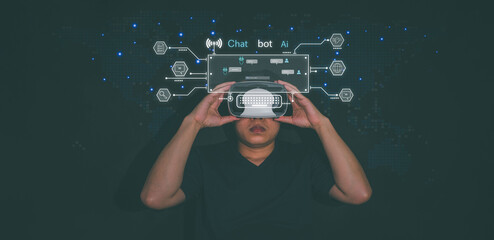 businessman using VR glasses, 3d chatbot on communicator, using Q-A commands to create AI tasks...