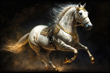 Fototapeta na wymiar White war horse galloping. Ancient riding soldier animal beautiful background AI