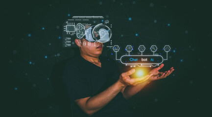 businessman using VR glasses, 3d chatbot on communicator, using Q-A commands to create AI tasks...