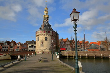 The harbor (Binnenhaven) of Hoorn, West Friesland, Netherlands, with the Hoofdtoren (The Head Tower) 