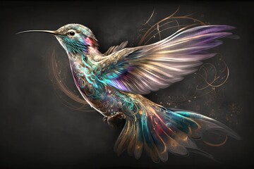Obraz premium Hummingbird glowing light art bird sparkle background, glow bright fantasy magic beautiful neon shine design Generative AI