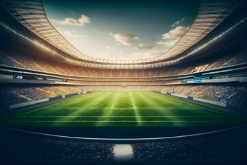 Fototapeta na wymiar Daytime view of an empty American football stadium ahead of the game, no spectators. Generative AI