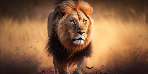 a lion walking in the grass of the savannah, Generative AI