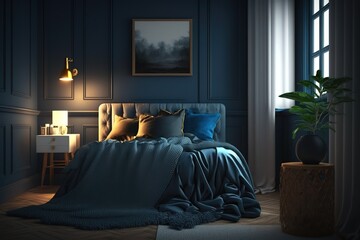 Home mockup, cozy dark blue bedroom interior background, 3d render