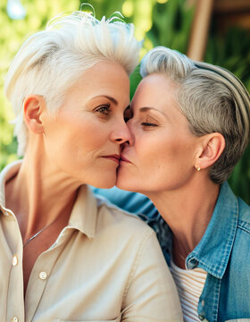 Ai illustration of a lesbian couple in their 50s kissing and loving each other