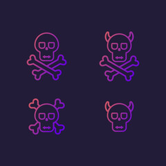 Gradient outline vector icons of skulls. Different variants of skulls with horns and bones. Simple, cute skull icons on a dark background.