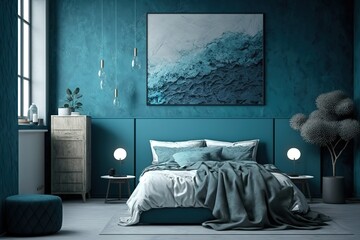 The modern bedroom interior design and blue wall texture background