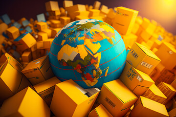 Globe ball planet Earth is lying around in a pile of boxes. Generative AI