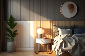 Minimal bedroom wall mock up with wooden side table on wooden floor