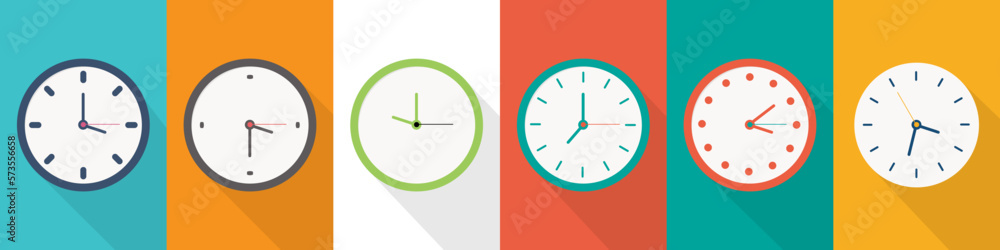 Poster set of different clock icons in a flat design. watch icon collection