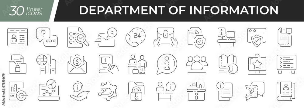 Poster Information department linear icons set. Collection of 30 icons in black