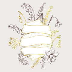 Floral banner for greeting card. Ribbon for text. Place for text. Hand-drawn flower sketches. Design elements. Vector illustration. Vintage style.