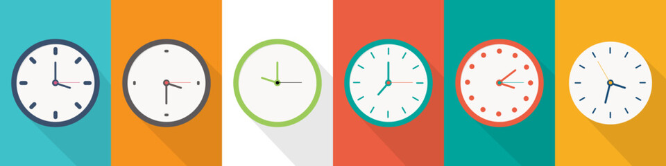 Set of different clock icons in a flat design. Watch icon collection - obrazy, fototapety, plakaty