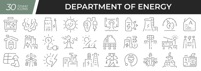 Energy department linear icons set. Collection of 30 icons in black