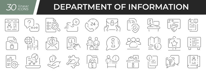 Fototapeta na wymiar Information department linear icons set. Collection of 30 icons in black