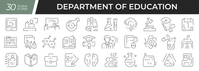 Fototapeta na wymiar Education department linear icons set. Collection of 30 icons in black