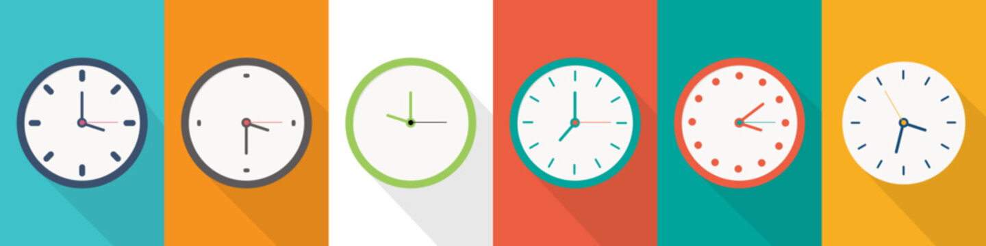 Set of different clock icons in a flat design. Watch icon collection