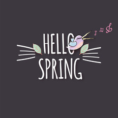 Hello spring label with spring birds and flowers on a grey background. Hello spring simple clip art cut paper style illustration design template