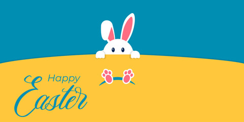 Happy Easter background with white rabbit. Blue and yellow holiday background