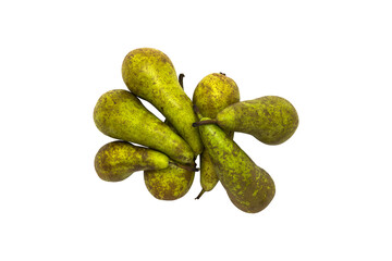 Pile of green pears top view, isolated on white