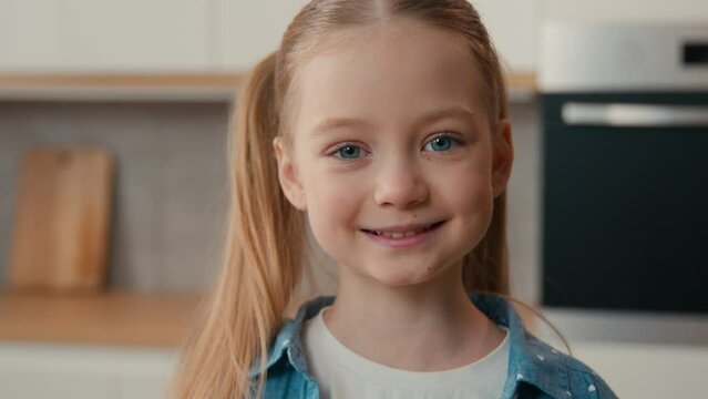 Close Up Portrait Caucasian Funny Little Girl Smiling Looking At Camera At Home Kitchen, Headshot Cute Kid Daughter Posing Indoors Preschool Child Schoolgirl With Smile Happy Children Face Webcam View