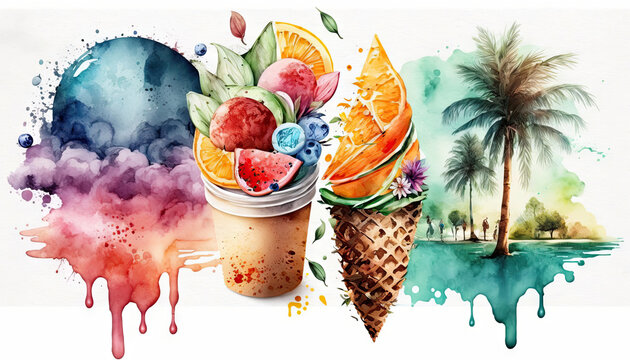 Summer vibe concept background, watercolor Generative AI illustration