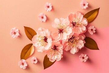 Blooming sakura, spring flowers on pink background with copy space for message. Generative AI