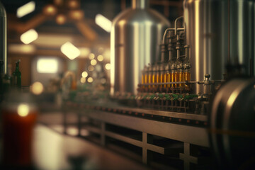 Beer bottles filling on the conveyor belt in the brewery factory. Generative AI